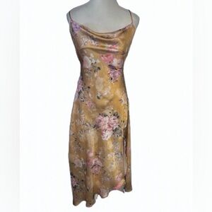 Astr The Label Rose Floral Dress Slit Fitted Vintage Style Yellow Pink Medium
